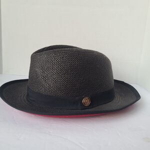 Bruno Capelo Fedora Hat 7 5/8 61cm Large Black Woven Straw Red Undervisor